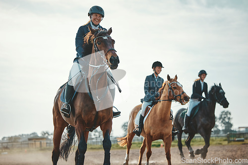 Image of Equestrian, horse riding and sport, women in countryside outdoor with rider or jockey, recreation and speed. Animal, sports and fitness with athlete, group and competition with healthy lifestyle
