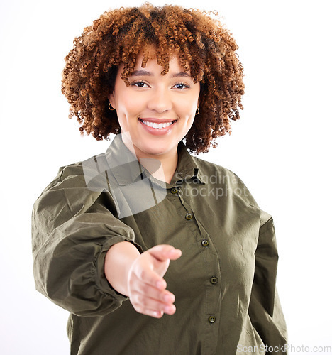 Image of Welcome, handshake and portrait black woman with hand out, smile and thank you on white background. Agreement offer, onboarding deal or partnership in business, hr hiring manager isolated in studio.