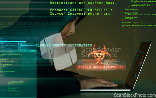 Image of Hack, cyber security and female hacker with laptop coding on website for crypto data. Scam, cyber attack and woman doing fraud or hacking on internet with computer for information technology in dark.