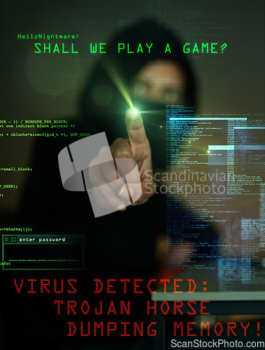 Image of Fingerprint, virus and overlay with a man hacker working on a computer to install malware on a system. Cyber security, data and dashboard with a male hacking a database for information phishing