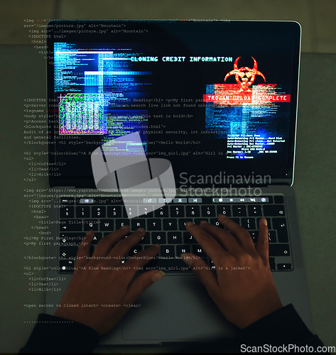 Image of Cyber security, crime and hands typing on a laptop while programming or hacking a website. Scam, cyber attack and man hacker coding on a computer to steal information or data technology in the dark.