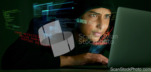 Image of Indian woman, hacker and code overlay of banking and credit card fraud with coding graphic. Programmer, criminal and finance software hack with a hacking expert writing algorithm for cybercrime virus