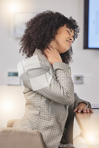 Image of Neck pain, business woman and tired office employee feeling stress from corporate project. Work burnout, desk and African lawyer working with anxiety in a law firm company with a advocate deadline