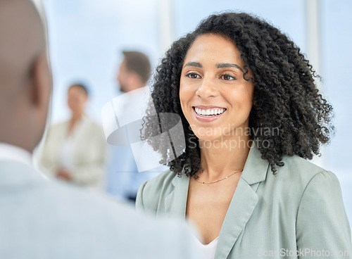 Image of Black woman, business employee and networking conversation of a lawyer talking. Happiness, smile and law consultant with worker communication in a office at a workplace happy about leadership