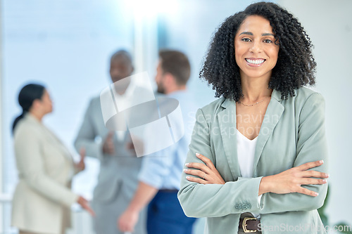 Image of Black woman, business and leadership in meeting with smile in portrait, team leader and success with professional mindset. Corporate female, happy at job and arms crossed, manager in Atlanta office