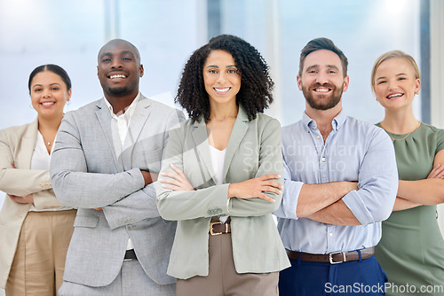 Image of Teamwork, portrait and diversity of office team happy about collaboration and management. We are hiring, about us and our vision working group standing proud with a smile and corporate success