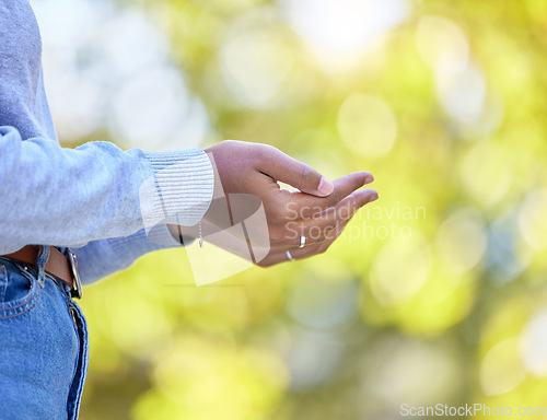 Image of Hands, woman and praying in nature park, garden or backyard for Islamic worship, hope or spiritual praise on mockup. Muslim, person and open palms in prayer, god help or mindfulness on mock up bokeh
