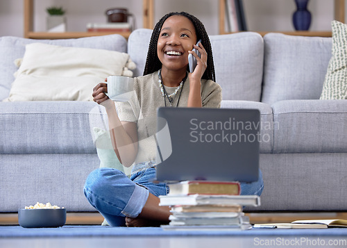 Image of Coffee, student and phone call for girl studying on laptop, happy and relax while talking in her home. Tea, books and distance learning, remote or homeschool for teenage female with online homework