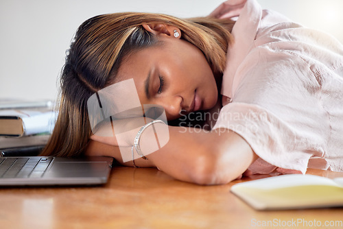 Image of Sleeping, employee and business woman burnout, tired and fatigue while working on laptop in office. Sleep, girl and corporate employee workaholic struggling with workload, problem and pressure