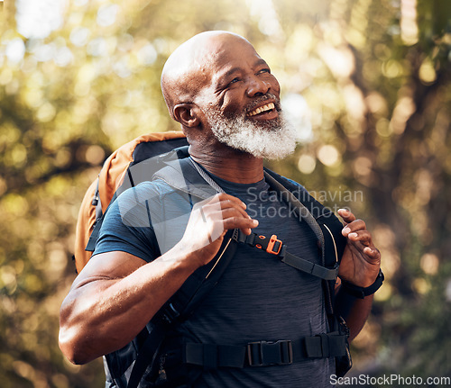 Image of Nature, fitness and black man hiking with a backpack in a forest for exercise, health and wellness. Sports, athlete and happy senior African male hiker trekking in the woods on an adventure trail.