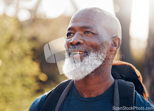 Image of Hiking, forest and senior black man for travel adventure, cardio fitness and outdoor journey. Happy person or elderly hiker with backpack trekking in woods, nature or countryside health and wellness