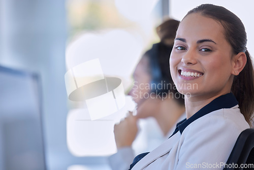 Image of Call center, portrait and manager woman, consultant or agent in customer support, leadership and office training. Young advisor, telecom person or friendly worker in digital telemarketing workspace