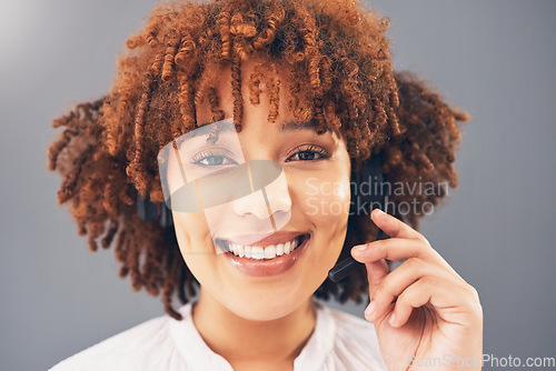 Image of Call center, smile and portrait of black woman for customer support, online service and friendly consulting. Crm business, contact us and face of happy female worker with headset for telemarketing