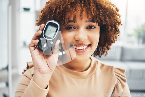 Image of Showing, diabetes and portrait of a black woman with a machine for healthcare, test and check. Happy, medicine and African girl with a product to monitor blood sugar, health and glucose levels
