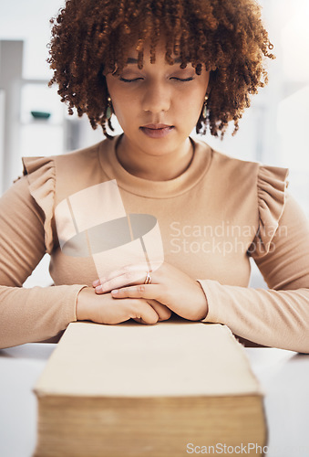 Image of Worship, bible and black woman praying, studying faith and gratitude for life, success or healing. Believer, African American female or lady with scripture, spiritual or religion for guidance or goal