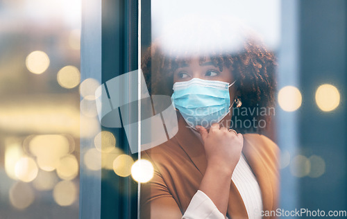 Image of Business, window and black woman with mask, isolated and fear for virus, protection and concern. African American female employee, leader and manager with face cover, skills and scared for infection