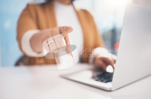 Image of Hand, pointing and laptop in office with black woman, hr expert and question at desk for recruitment. Human resources, manager and choice for hiring, opportunity or job for future employee at company