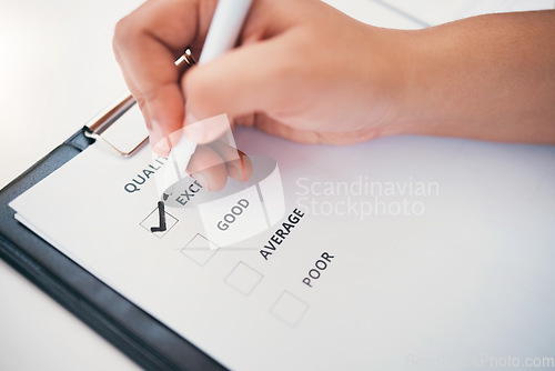 Image of Survey, questionnaire and hand on paperwork for writing, service response and business review. Customer, report and employee with a checklist, document and choice of opinion on an application