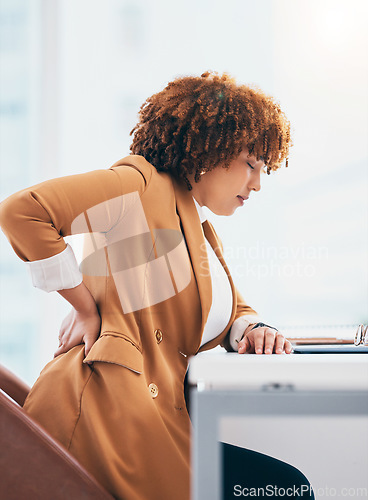Image of Back pain, injury and black woman in office at desk with spine problem, backache and muscle tension. Stress, medical emergency and female worker massage body for accident, joint strain and pressure