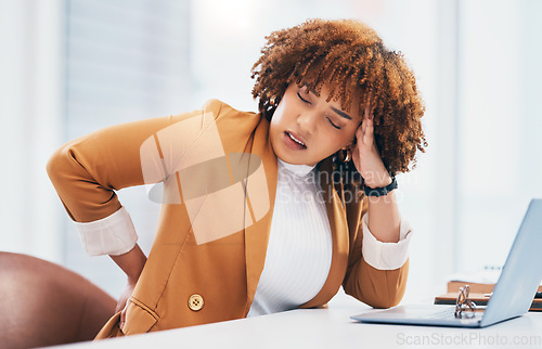 Image of Black woman with back pain, corporate burnout and stress with headache, stiff muscle from spine injury and overworked. Female worker at desk, business and medical emergency with health and strain