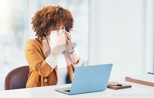 Image of Business, laptop and black woman with tissue, flu and sneeze in workplace, burnout and stress. African American female employee, consultant and agent with sickness, toilet paper and illness in office