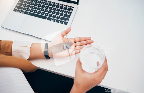 Image of Sick, hands and an employee drinking water with pills, medicine and cure for illness at work. Healthcare, pain and employee with a prescription vitamin tablet for health, virus or allergy in morning