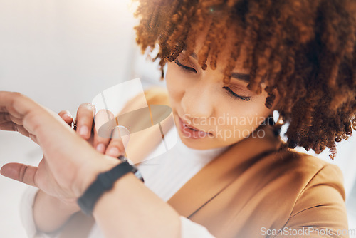 Image of Black woman, business and check watch with schedule and clock, closeup and face with appointment. Professional female, time management and calendar with scheduling, corporate employee and punctual