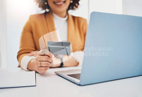 Image of Credit card, business woman and laptop for ecommerce, online shopping or payment with fintech. Entrepreneur person hands for finance, banking and digital wallet or transaction on mockup website