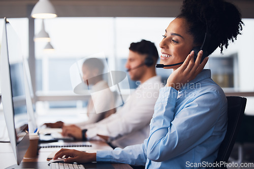 Image of Call center, customer service and support with a black woman consultant working in her communication office. Contact us, telemarketing and consulting with a female employee at work using a headset