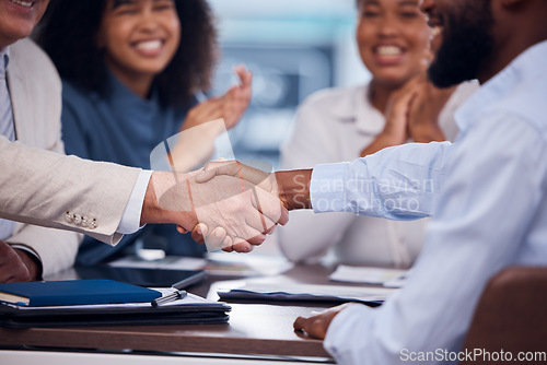 Image of Handshake, congratulations and business people meeting for a deal, partnership and achievement. Thank you, welcome and employees shaking hands with applause for success, support and agreement