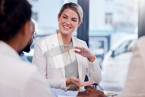 Image of Business, leader and woman in meeting, conversation and explain new system, project and schedule. Female manager, ceo and staff with teamwork, discussion and collaboration with smile or communication