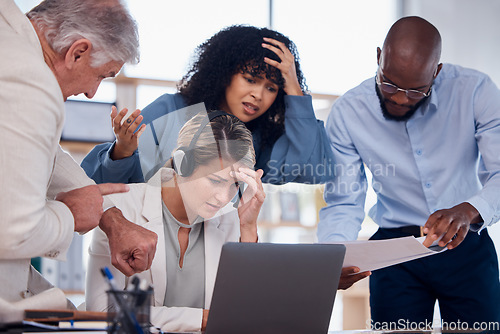 Image of Stress, deadline and people at a call center with a problem in telemarketing, bad email and communication. Glitch, challenge and customer service employees with a crisis in technical support