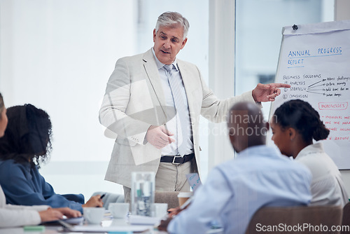 Image of Presentation, meeting and serious business man, manager or boss strategy, planning and company progress report. Corporate executive and people, employees or team listening to presenter on whiteboard