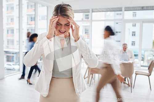 Image of Motion blur, business woman in office and headache, pain and anxiety with fast pace corporate life, stress and burnout. Mental health, migraine and frustrated with movement, speed and overwhelmed