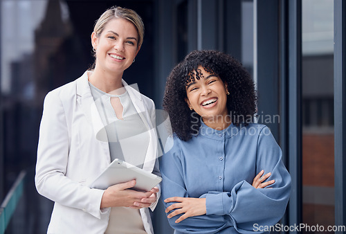 Image of Collaboration diversity, arms crossed and portrait of women together for planning and solidarity. Happy, laughing and people in business with pride, confidence and expertise as a partnership