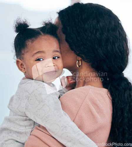 Image of Mother, baby girl and happy child in a house with mom hug and support in the morning. Kid, toy block and mama holding infant with trust in a house with parent love and care together with bonding