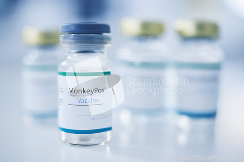 Image of Monkeypox vaccine, backgrounds and medicine vial for protection, safety and healthcare risk. Closeup, liquid bottle and virus immunity of medical drugs, wellness and pharmaceutical science research