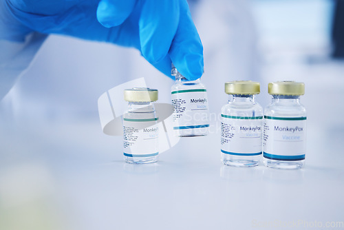 Image of Monkeypox vaccine, hands and virus vials for safety, healthcare medicine and immunity in laboratory. Closeup vaccination, liquid bottle and drugs for protection, medical wellness and pharma research