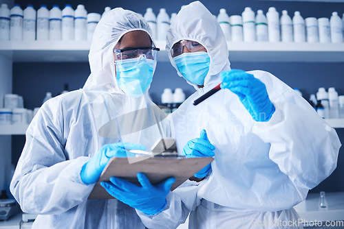 Image of Teamwork, blood checklist or doctors in lab with notebook for research, medical exam or sample analysis. Healthcare, biotechnology or scientist for medicine checklist, covid results or vaccine report