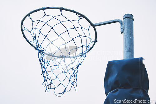 Image of Sports, basketball and netball hoop for training, fitness and a game at school or in public. Rim, play and equipment for a sport in the air for playing, competition and professional match in a park