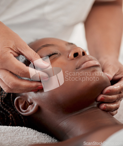 Image of Black woman face, massage and spa wellness therapist with young female and cosmetic facial. Skincare, beauty and dermatology clinic with client feeling calm and zen from hyaluronic acid serum