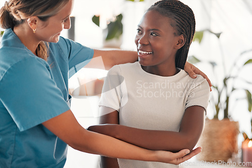 Image of Physiotherapy, stretching arm and black woman muscle massage, healthcare service and anatomy or elbow healing. Physical therapy, medical professional support or chiropractor consulting happy patient