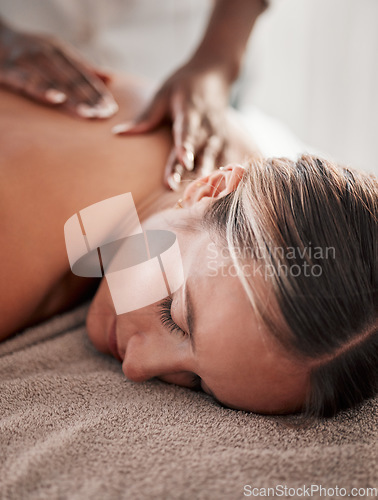Image of Face, back massage with masseuse, woman at holistic center or spa with wellness, physical therapy with hands and zen. Health, peace of mind and stress relief, self care and lifestyle with healing
