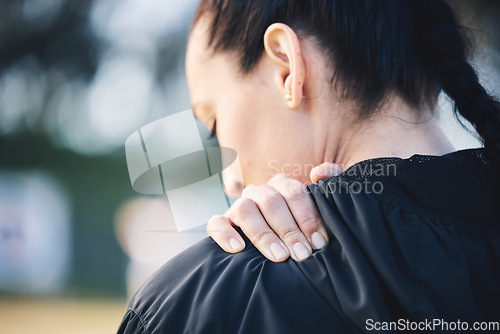 Image of Shoulder pain, back and woman with inflammation, injury and outdoor for training, fitness and accident. Exercise, female athlete and lady with muscle tension, bruise and broken bone with emergency