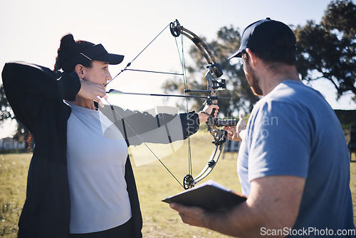 Image of Archery, bow and arrow with woman and coach, aim at target with sports outdoor, combat training and weapon. Coaching, learning and teaching with female and man at shooting range, archer and help