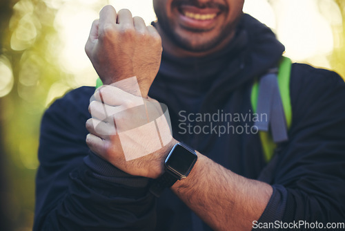 Image of Man, hands or pain in hiking forest, nature woods or trees environment in muscle crisis, anatomy problem or healthcare stress. Zoom, medical or wrist injury emergency for athlete, hiker or backpacker