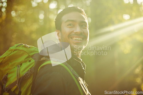 Image of Man, backpacker or hiker in sunshine forest, trekking woods or nature trees in adventure, morning exercise or Japanese fitness. Smile, happy or hiking in sunrise environment, lens flare or wellness