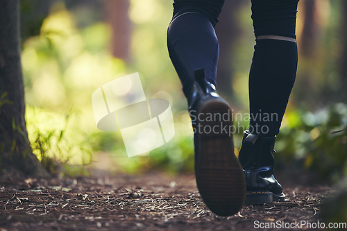 Image of Walking man, legs and hiking in forest, nature woods or trail for adventure, workout or fitness exercise. Zoom, feet or hiker shoes on environment path for healthcare, cardiology wellness or freedom