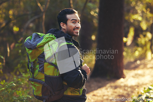 Image of Japanese man, backpacker and hiking in forest nature, trekking woods or trees for adventure, relax workout or fitness exercise. Smile, happy and hiker walking in environment for healthcare wellness