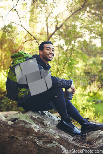 Image of Relax, hiking or water bottle in woods, nature forest or fitness environment for break, electrolytes or Japanese healthcare. Hiker man, backpacker or sports drink in rest, recovery or happy workout